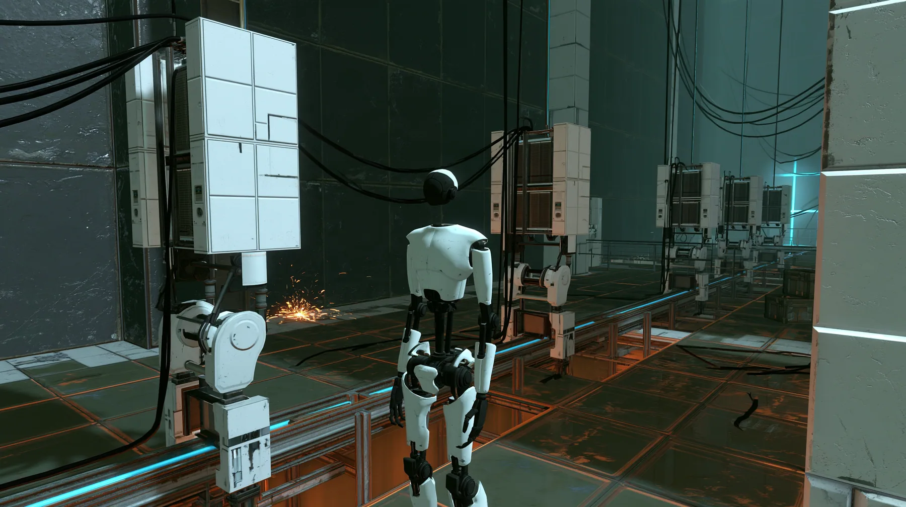 Portal 2 (2011) Source engine screenshot, Valve, the Aperture Science assembly line: white robot panel arms passing a headless porcelain-white humanoid robot body with black joints along a track through a vast dark…