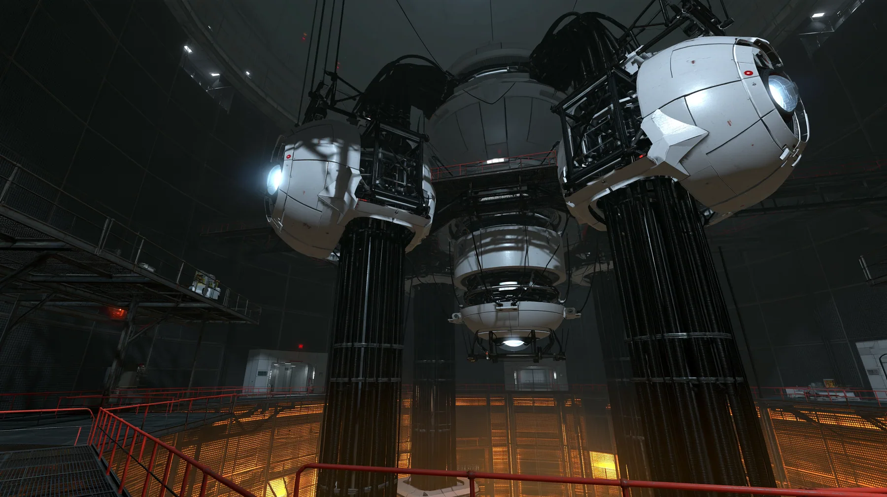 Portal 2 (2011) Source engine screenshot, Valve, a colossal Aperture Science AI core chamber: giant white spherical cores with glowing optics hanging from enormous black cable trunks in a vast dark shaft, catwalks,…