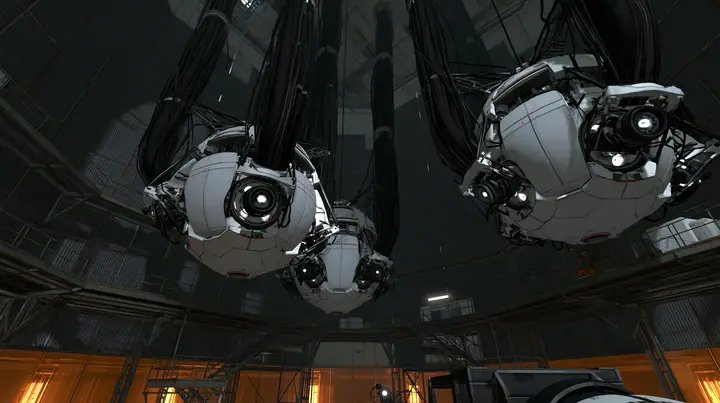 Portal 2 (2011) Source engine screenshot, Valve, a colossal Aperture Science AI core chamber: giant white spherical cores with glowing optics hanging from enormous black cable trunks in a vast dark shaft, catwalks,…