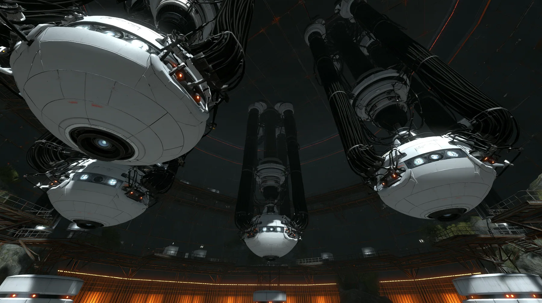 Portal 2 (2011) Source engine screenshot, Valve, a colossal Aperture Science AI core chamber: giant white spherical cores with glowing optics hanging from enormous black cable trunks in a vast dark shaft, catwalks,…