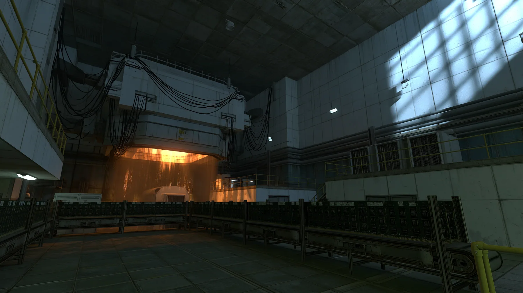 Portal 2 (2011) Source engine screenshot, Valve, behind the scenes at Aperture Science: long conveyor belts carrying thousands of RAM memory sticks up into a huge glowing machine intake, amber light pouring out,…
