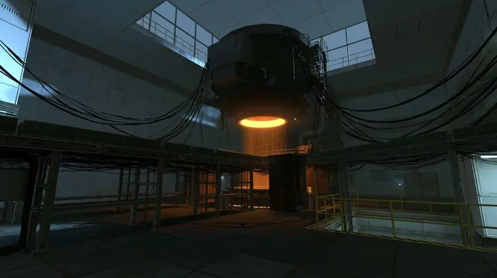 Portal 2 (2011) Source engine screenshot, Valve, behind the scenes at Aperture Science: long conveyor belts carrying thousands of RAM memory sticks up into a huge glowing machine intake, amber light pouring out,…
