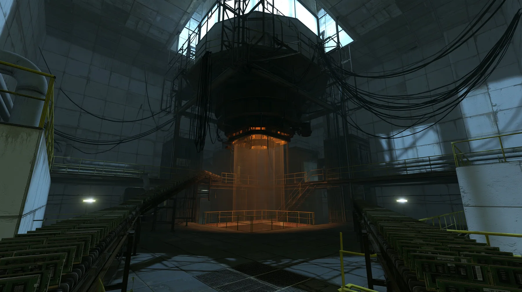 Portal 2 (2011) Source engine screenshot, Valve, behind the scenes at Aperture Science: long conveyor belts carrying thousands of RAM memory sticks up into a huge glowing machine intake, amber light pouring out,…
