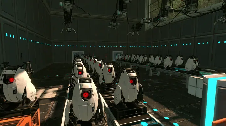 Portal 2 (2011) Source engine screenshot, Valve, the Aperture Science turret production line: rows of white egg-shaped sentry turrets with one red eye riding a conveyor through a dim panelled factory hall, robot arms…