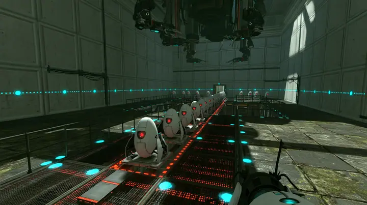 Portal 2 (2011) Source engine screenshot, Valve, the Aperture Science turret production line: rows of white egg-shaped sentry turrets with one red eye riding a conveyor through a dim panelled factory hall, robot arms…