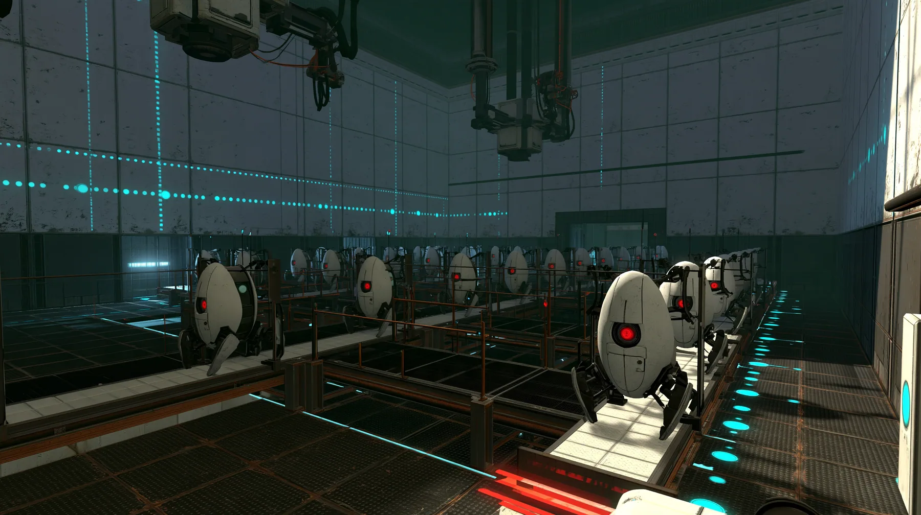 Portal 2 (2011) Source engine screenshot, Valve, the Aperture Science turret production line: rows of white egg-shaped sentry turrets with one red eye riding a conveyor through a dim panelled factory hall, robot arms…