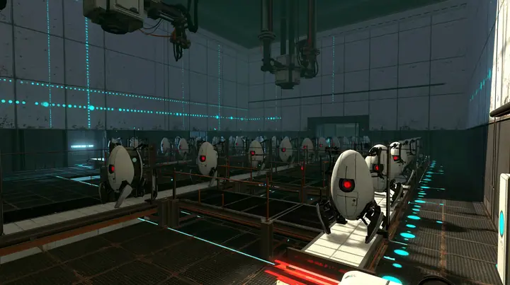 Portal 2 (2011) Source engine screenshot, Valve, the Aperture Science turret production line: rows of white egg-shaped sentry turrets with one red eye riding a conveyor through a dim panelled factory hall, robot arms…