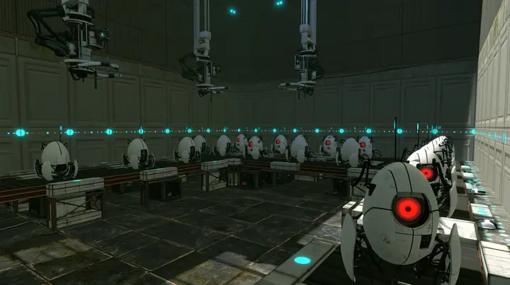 Portal 2 (2011) Source engine screenshot, Valve, the Aperture Science turret production line: rows of white egg-shaped sentry turrets with one red eye riding a conveyor through a dim panelled factory hall, robot arms…