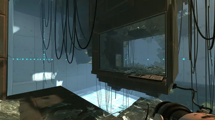 Portal 2 (2011) Source engine screenshot, Valve, a dark observation booth of the test facility high above a white test chamber, its big window smashed outward, glass shards across the console and the floor, the…