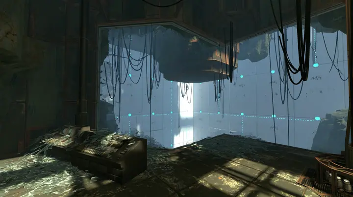 Portal 2 (2011) Source engine screenshot, Valve, a dark observation booth of the test facility high above a white test chamber, its big window smashed outward, glass shards across the console and the floor, the…
