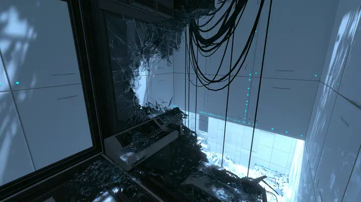 Valve's Portal 2 (2011), a Source engine screenshot: a dark observation booth of the test facility high above a white test chamber, its big window smashed outward, glass shards across the console and the floor, the…