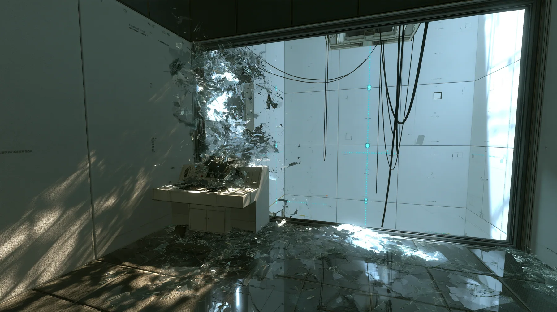 Valve's Portal 2 (2011), a Source engine screenshot: a dark observation booth of the test facility high above a white test chamber, its big window smashed outward, glass shards across the console and the floor, the…