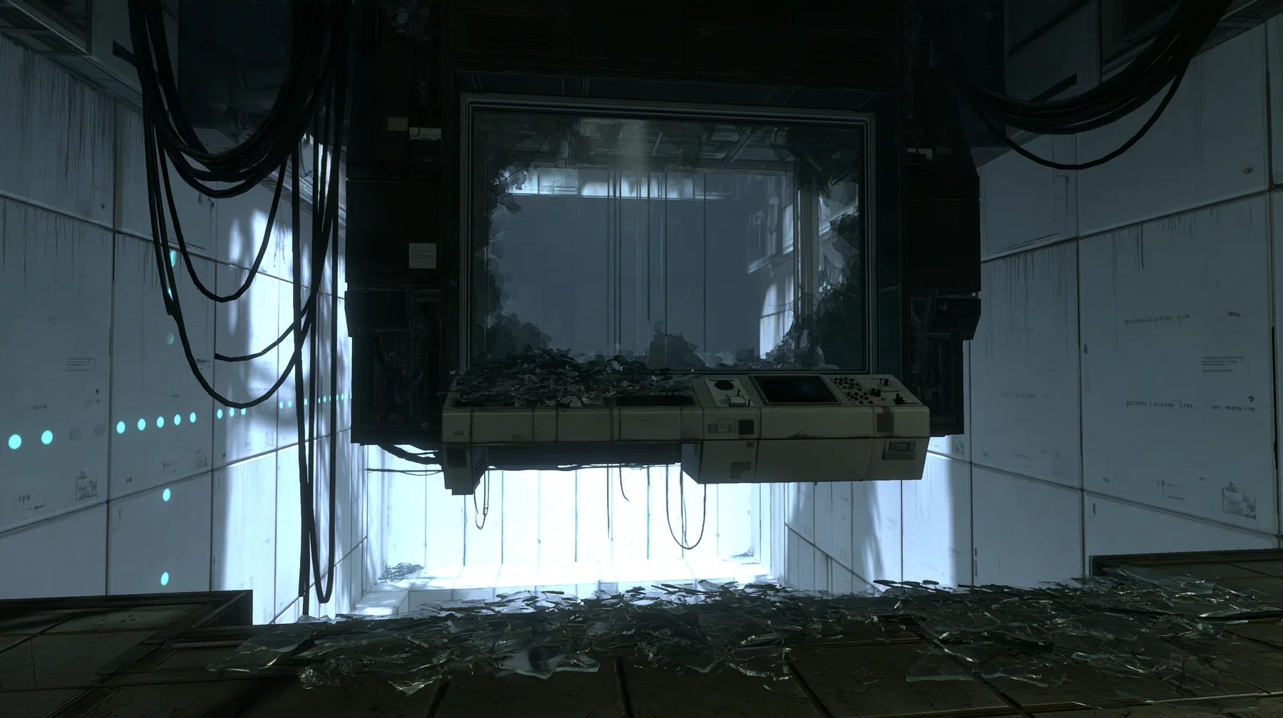 Valve's Portal 2 (2011), a Source engine screenshot: a dark observation booth of the test facility high above a white test chamber, its big window smashed outward, glass shards across the console and the floor, the…