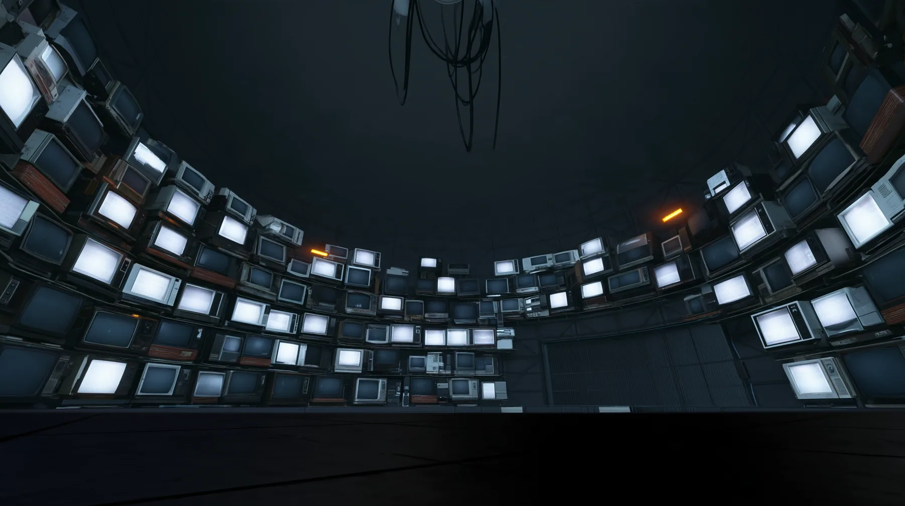 Remove the hanging robot so the white ceiling ring and its black cables hang empty, and line the dark curved walls all around the chamber with dozens of old CRT monitors and flat panel screens stacked floor to…