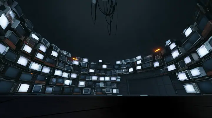 Remove the hanging robot so the white ceiling ring and its black cables hang empty, and line the dark curved walls all around the chamber with dozens of old CRT monitors and flat panel screens stacked floor to…