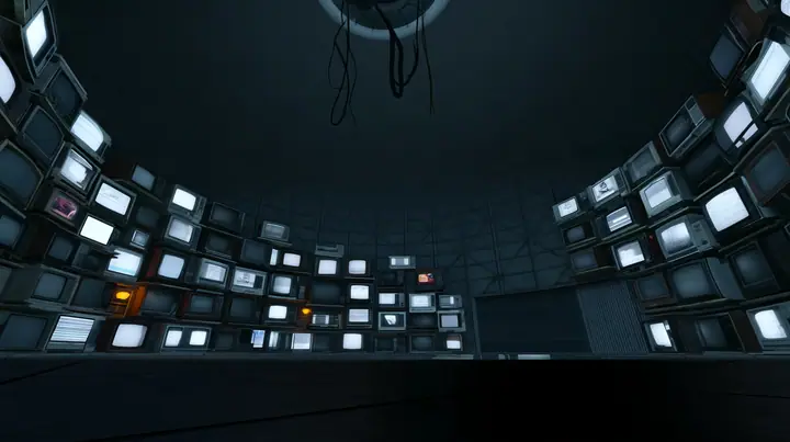 Remove the hanging robot so the white ceiling ring and its black cables hang empty, and line the dark curved walls all around the chamber with dozens of old CRT monitors and flat panel screens stacked floor to…