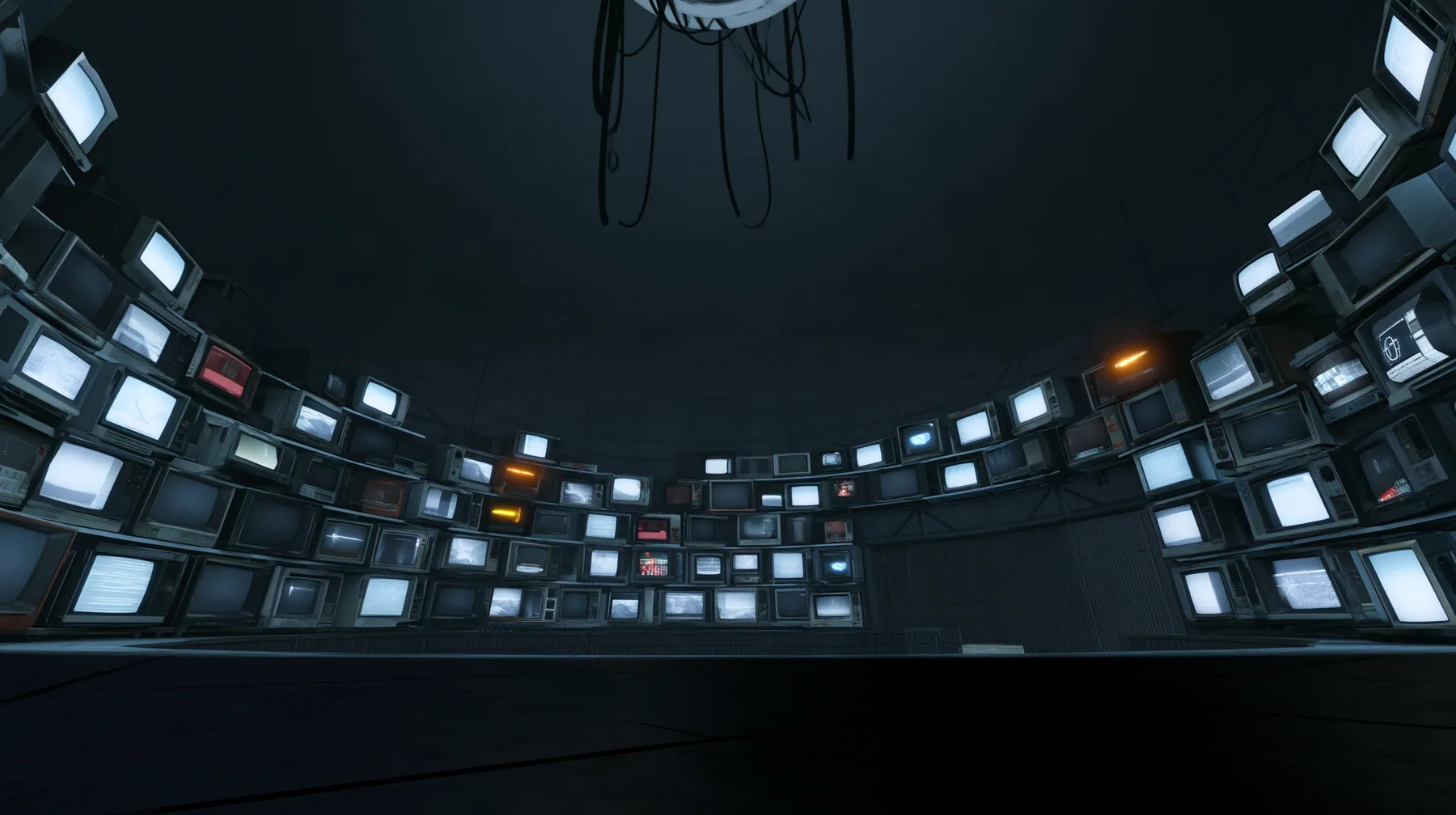 Remove the hanging robot so the white ceiling ring and its black cables hang empty, and line the dark curved walls all around the chamber with dozens of old CRT monitors and flat panel screens stacked floor to…