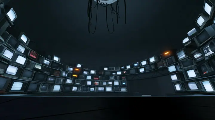 Remove the hanging robot so the white ceiling ring and its black cables hang empty, and line the dark curved walls all around the chamber with dozens of old CRT monitors and flat panel screens stacked floor to…