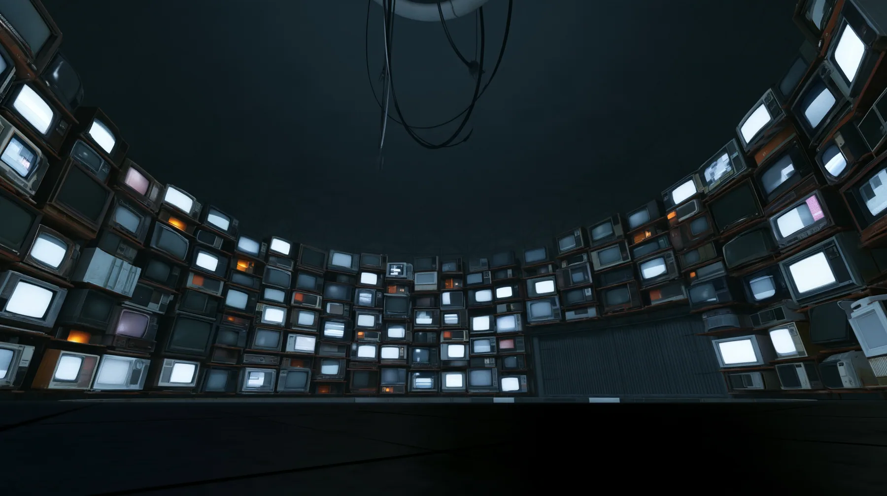 Remove the hanging robot so the white ceiling ring and its black cables hang empty, and line the dark curved walls all around the chamber with dozens of old CRT monitors and flat panel screens stacked floor to…
