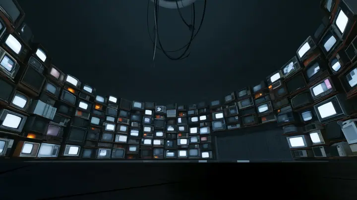Remove the hanging robot so the white ceiling ring and its black cables hang empty, and line the dark curved walls all around the chamber with dozens of old CRT monitors and flat panel screens stacked floor to…