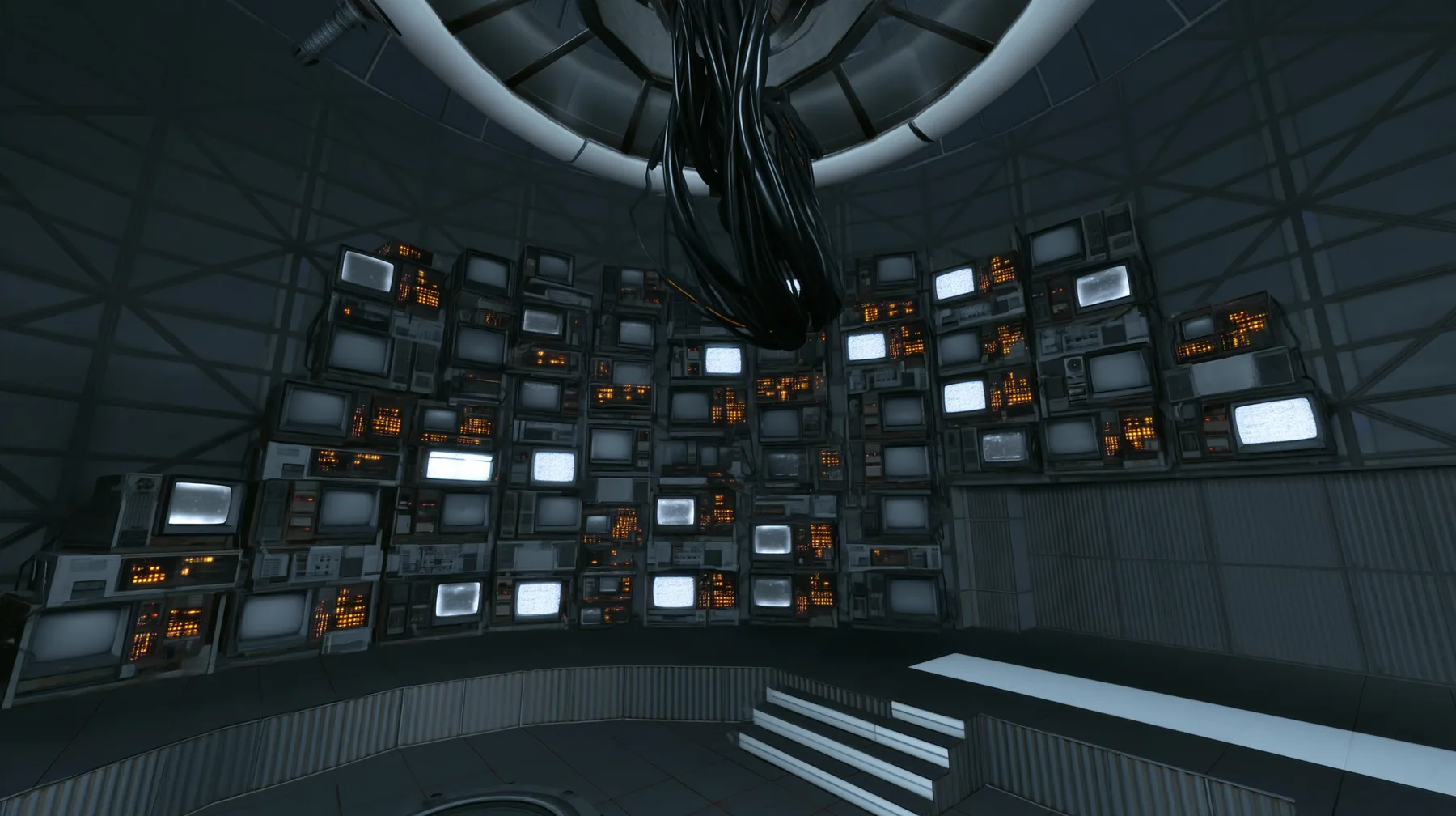 Remove the hanging robot body so only the ceiling ring and the thick cables remain, and fill the walls behind with stacks of old CRT monitors and panel displays glowing faint white, warm amber indicator lights. Keep…