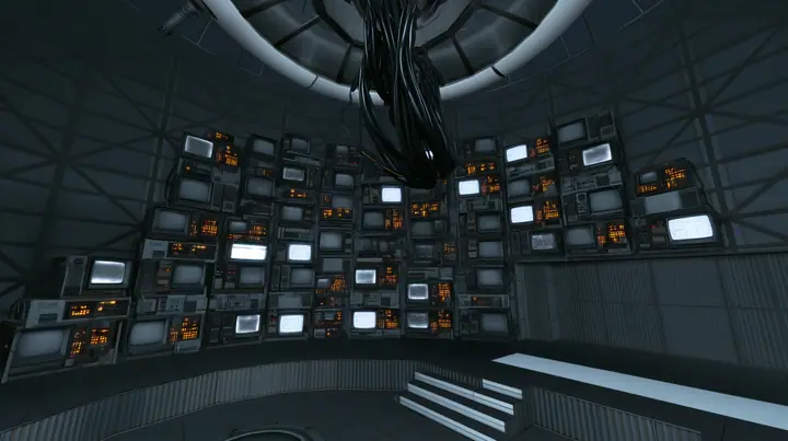 Remove the hanging robot body so only the ceiling ring and the thick cables remain, and fill the walls behind with stacks of old CRT monitors and panel displays glowing faint white, warm amber indicator lights. Keep…