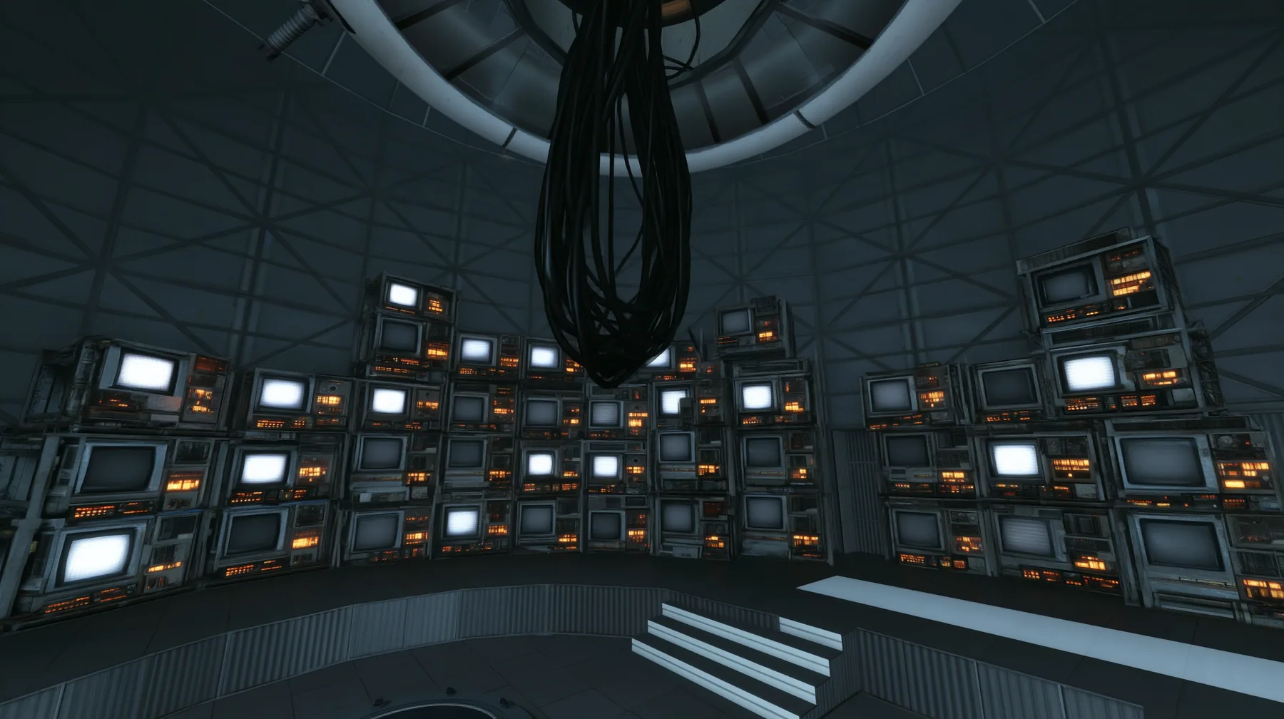 Remove the hanging robot body so only the ceiling ring and the thick cables remain, and fill the walls behind with stacks of old CRT monitors and panel displays glowing faint white, warm amber indicator lights. Keep…