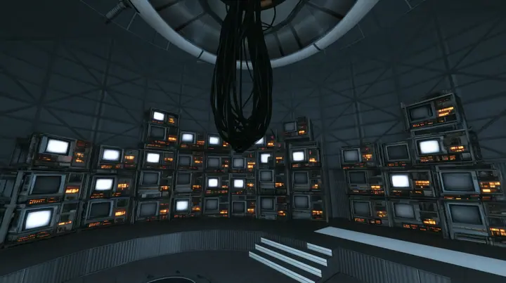 Remove the hanging robot body so only the ceiling ring and the thick cables remain, and fill the walls behind with stacks of old CRT monitors and panel displays glowing faint white, warm amber indicator lights. Keep…
