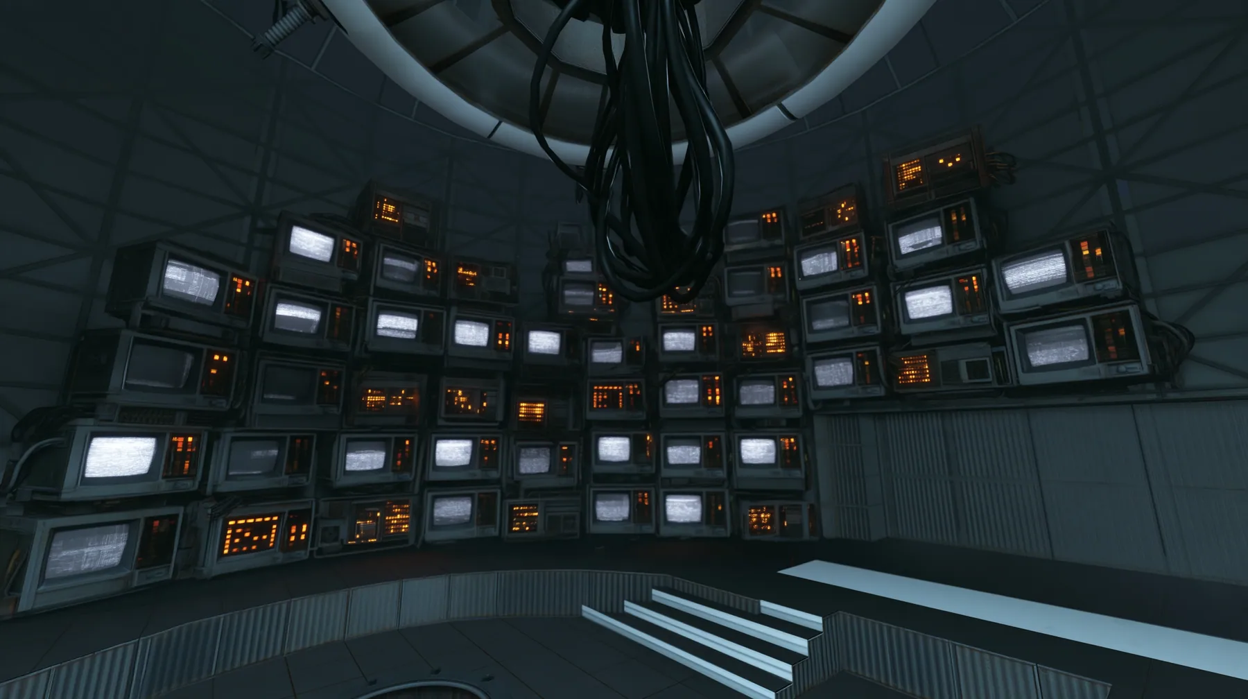 Remove the hanging robot body so only the ceiling ring and the thick cables remain, and fill the walls behind with stacks of old CRT monitors and panel displays glowing faint white, warm amber indicator lights. Keep…
