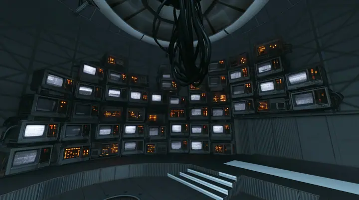 Remove the hanging robot body so only the ceiling ring and the thick cables remain, and fill the walls behind with stacks of old CRT monitors and panel displays glowing faint white, warm amber indicator lights. Keep…