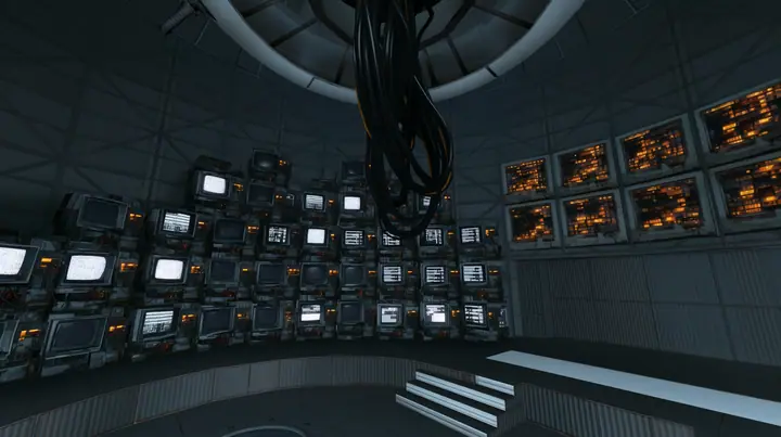Remove the hanging robot body so only the ceiling ring and the thick cables remain, and fill the walls behind with stacks of old CRT monitors and panel displays glowing faint white, warm amber indicator lights. Keep…