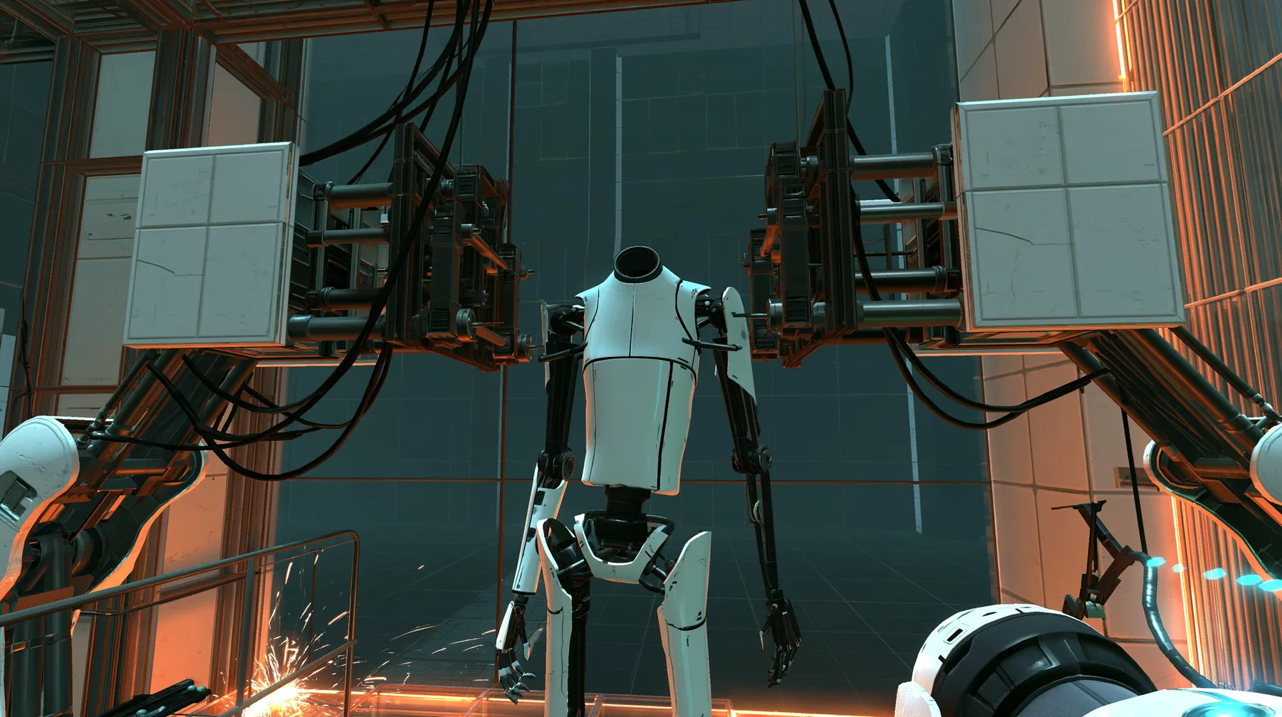 Portal 2 (2011) Source engine screenshot, Valve, the robot assembly line of the test facility: two white robot panel arms hold up a headless slender porcelain-white humanoid robot body with black joints and panel…