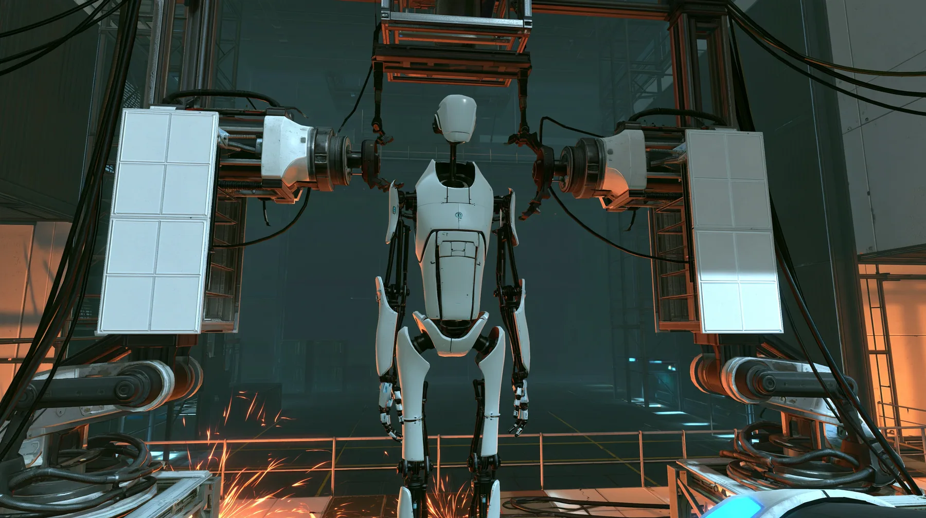 Portal 2 (2011) Source engine screenshot, Valve, the robot assembly line of the test facility: two white robot panel arms hold up a headless slender porcelain-white humanoid robot body with black joints and panel…
