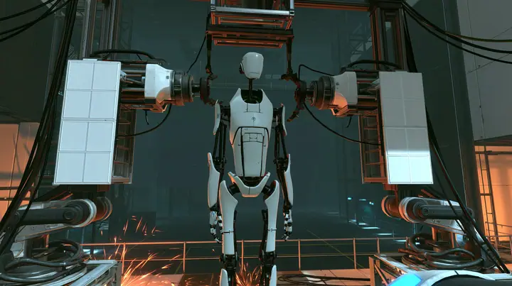 Portal 2 (2011) Source engine screenshot, Valve, the robot assembly line of the test facility: two white robot panel arms hold up a headless slender porcelain-white humanoid robot body with black joints and panel…