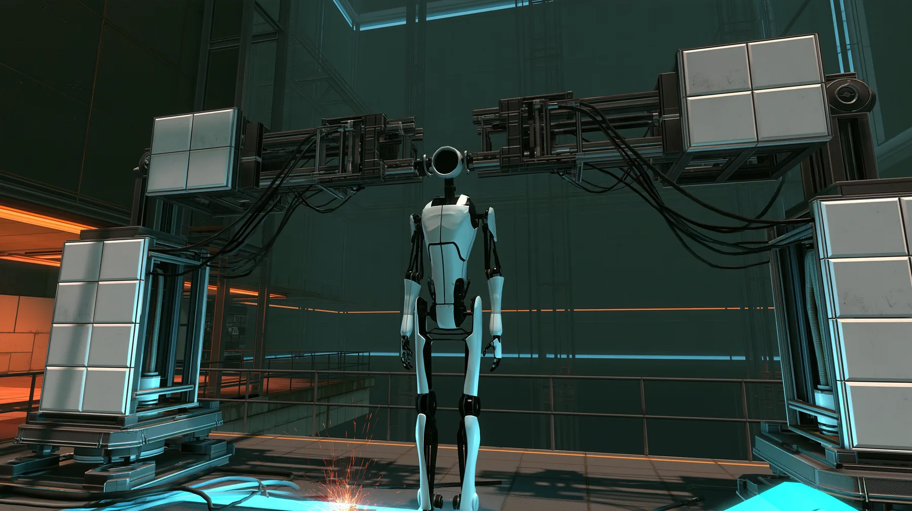 Portal 2 (2011) Source engine screenshot, Valve, the robot assembly line of the test facility: two white robot panel arms hold up a headless slender porcelain-white humanoid robot body with black joints and panel…