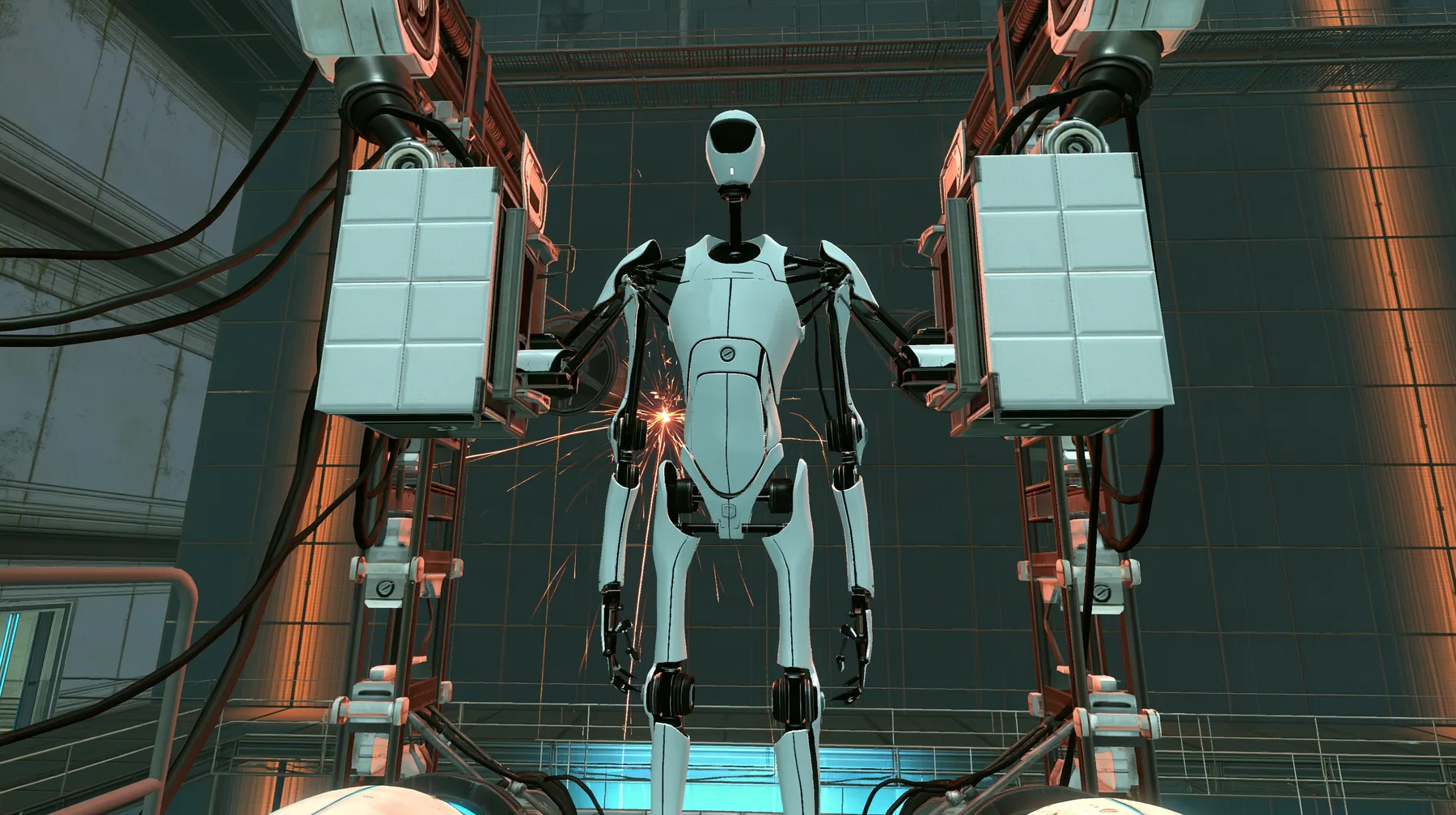Portal 2 (2011) Source engine screenshot, Valve, the robot assembly line of the test facility: two white robot panel arms hold up a headless slender porcelain-white humanoid robot body with black joints and panel…