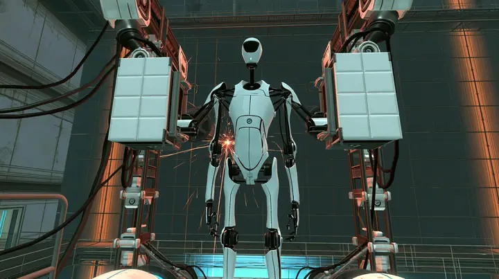 Portal 2 (2011) Source engine screenshot, Valve, the robot assembly line of the test facility: two white robot panel arms hold up a headless slender porcelain-white humanoid robot body with black joints and panel…
