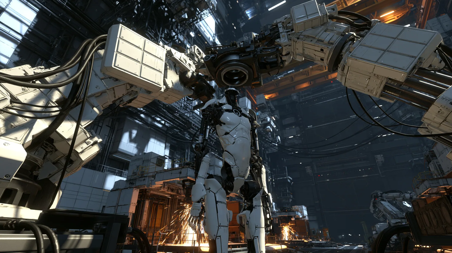 Valve's Portal 2 (2011), a Source engine screenshot: the robot assembly line of the test facility: two white robot panel arms hold up a headless slender porcelain-white humanoid robot body with black joints and panel…
