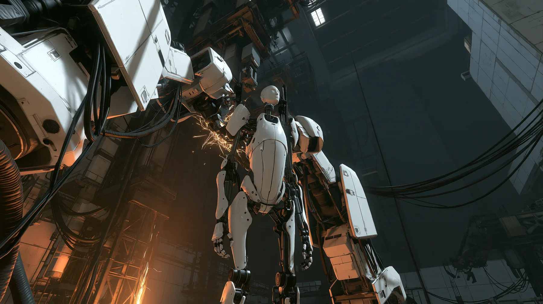 Valve's Portal 2 (2011), a Source engine screenshot: the robot assembly line of the test facility: two white robot panel arms hold up a headless slender porcelain-white humanoid robot body with black joints and panel…