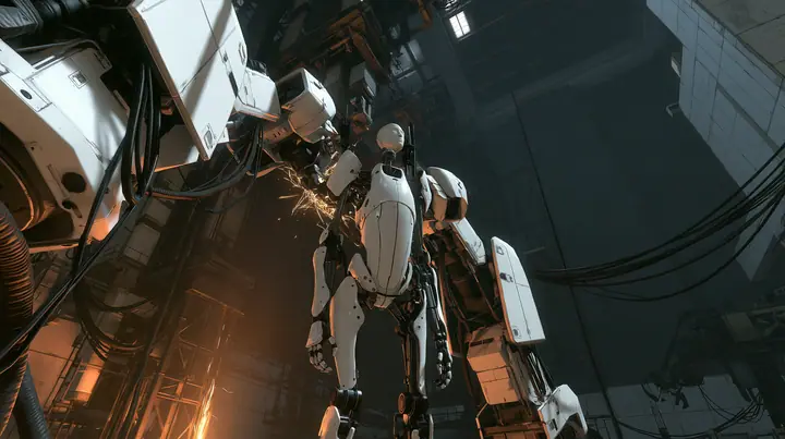Valve's Portal 2 (2011), a Source engine screenshot: the robot assembly line of the test facility: two white robot panel arms hold up a headless slender porcelain-white humanoid robot body with black joints and panel…