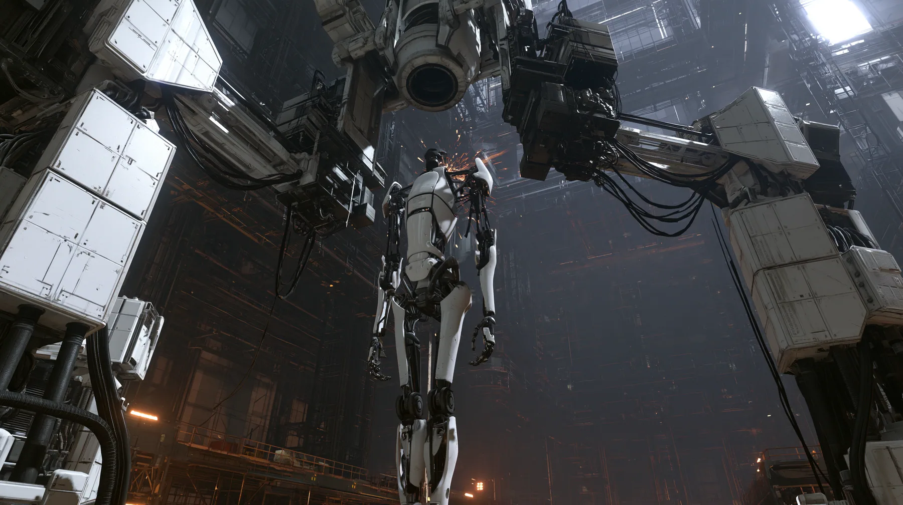 Valve's Portal 2 (2011), a Source engine screenshot: the robot assembly line of the test facility: two white robot panel arms hold up a headless slender porcelain-white humanoid robot body with black joints and panel…
