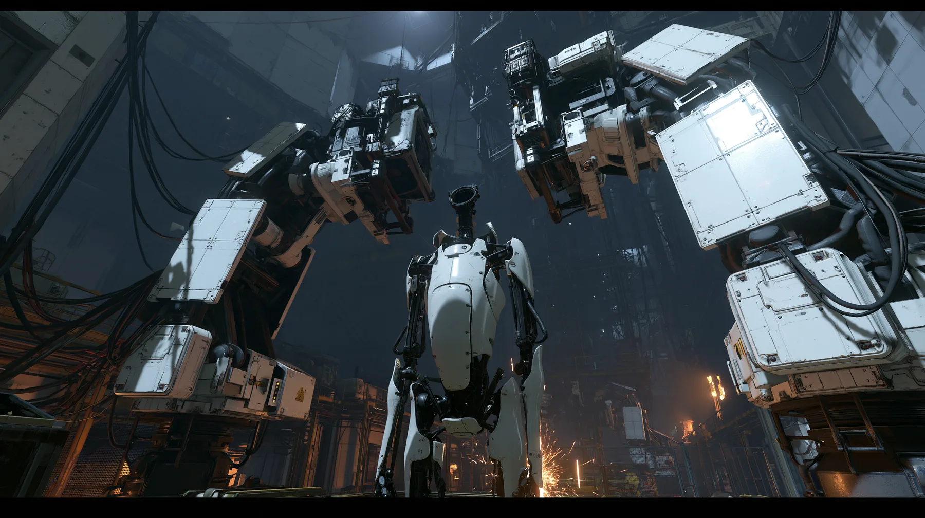 Valve's Portal 2 (2011), a Source engine screenshot: the robot assembly line of the test facility: two white robot panel arms hold up a headless slender porcelain-white humanoid robot body with black joints and panel…
