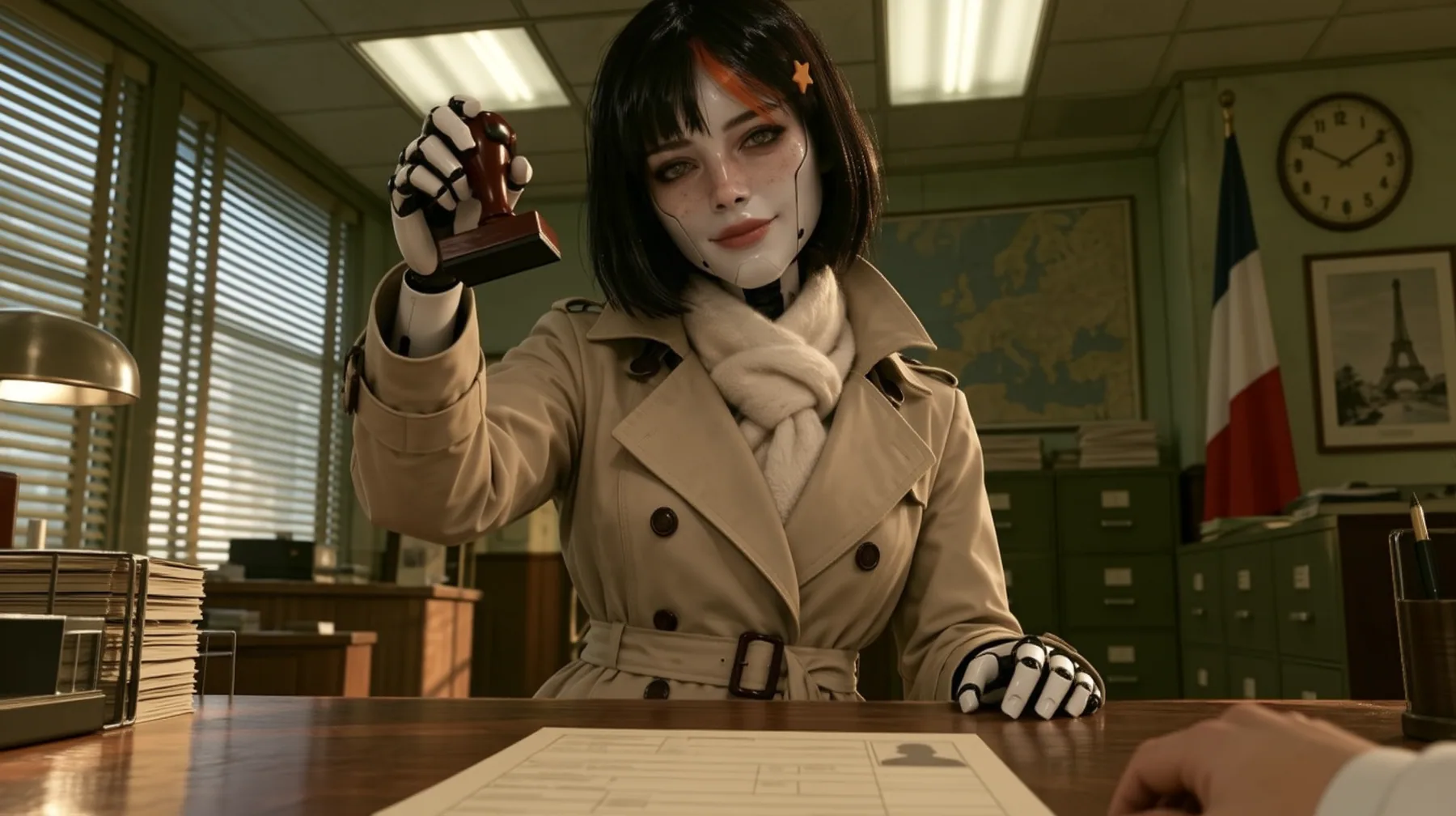 Relight and re-render this exact image as a polished cinematic still. Keep the composition, the porcelain robot woman with the black bob, orange streak and star clip, her face and smile, her trench coat and scarf,…