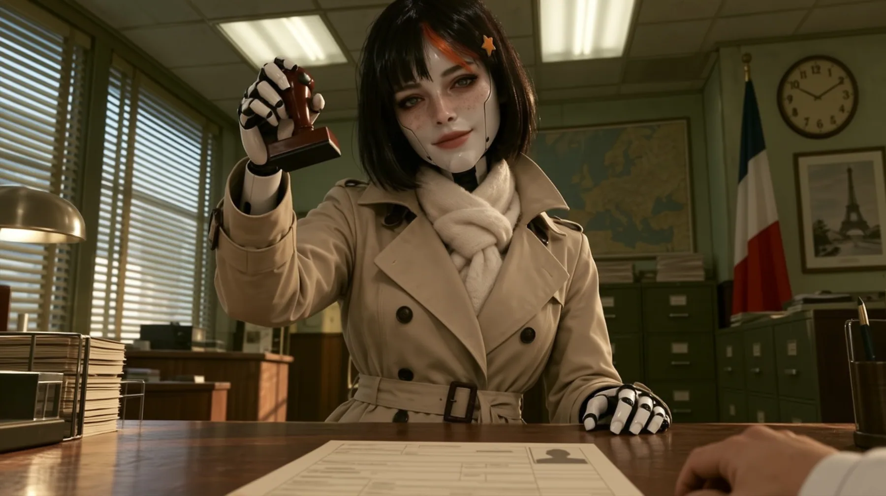Relight and re-render this exact image as a polished cinematic still. Keep the composition, the porcelain robot woman with the black bob, orange streak and star clip, her face and smile, her trench coat and scarf,…
