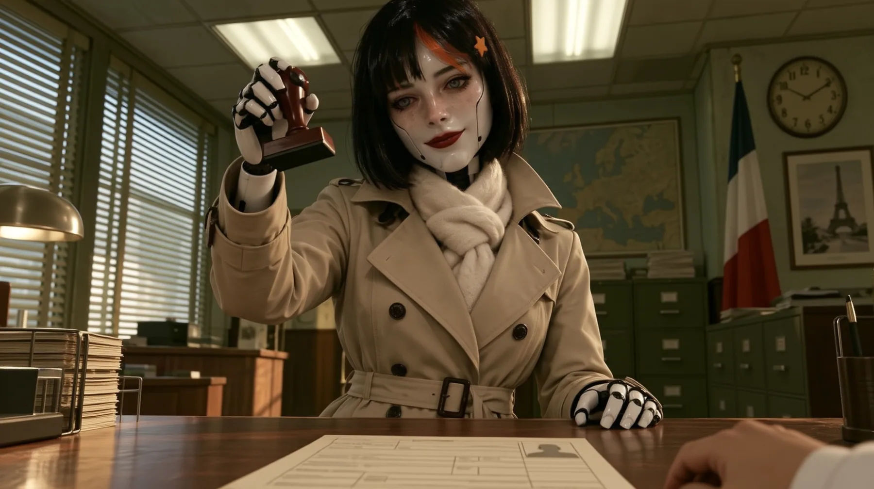 Relight and re-render this exact image as a polished cinematic still. Keep the composition, the porcelain robot woman with the black bob, orange streak and star clip, her face and smile, her trench coat and scarf,…