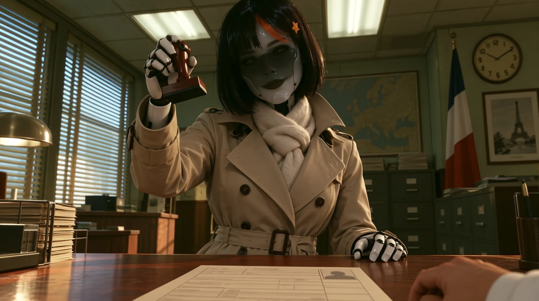 Re-render and relight this exact image as a polished cinematic still. Keep the composition, the porcelain robot woman with the black bob, orange streak and star clip, her face and smile, her trench coat and scarf,…