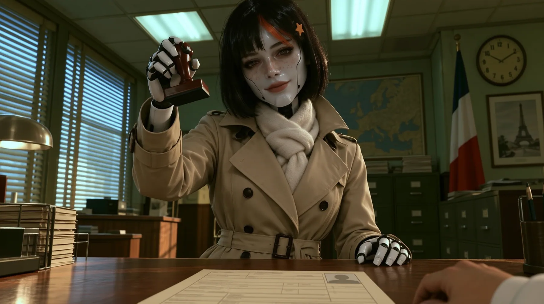 Re-render and relight this exact image as a polished cinematic still. Keep the composition, the porcelain robot woman with the black bob, orange streak and star clip, her face and smile, her trench coat and scarf,…