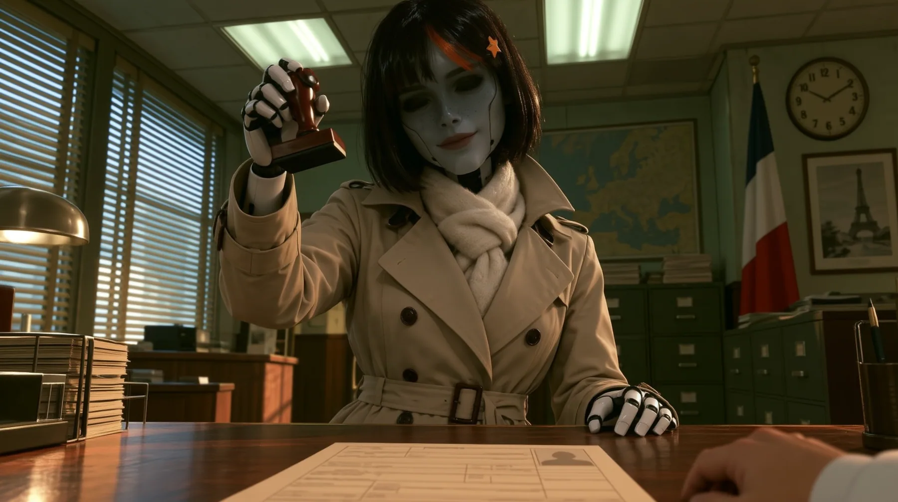 Re-render and relight this exact image as a polished cinematic still. Keep the composition, the porcelain robot woman with the black bob, orange streak and star clip, her face and smile, her trench coat and scarf,…