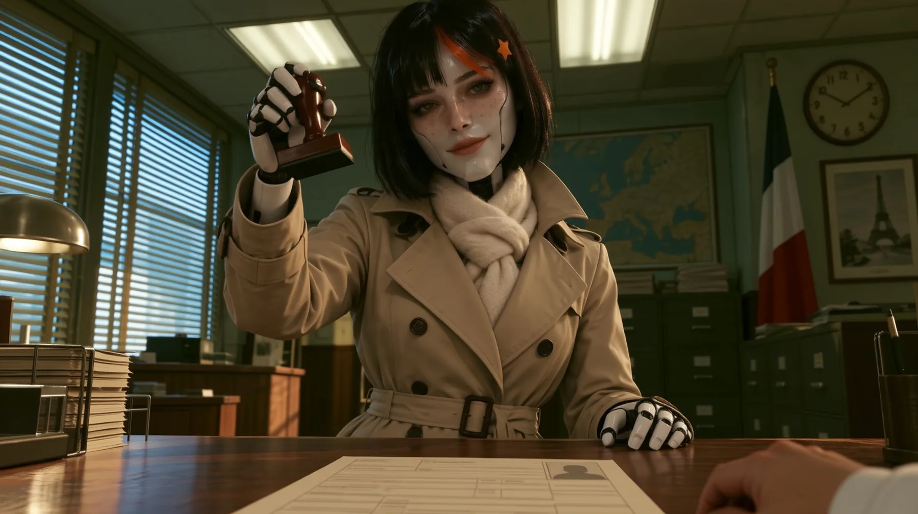 Re-render and relight this exact image as a polished cinematic still. Keep the composition, the porcelain robot woman with the black bob, orange streak and star clip, her face and smile, her trench coat and scarf,…