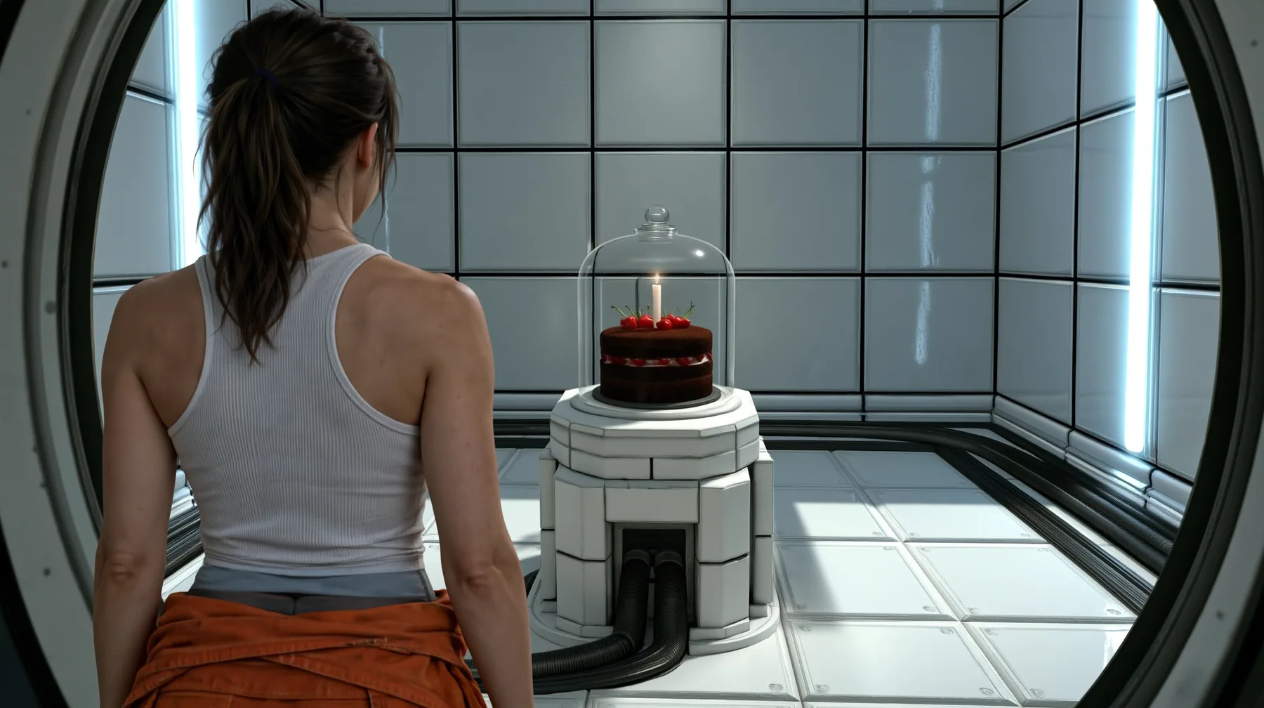 Relight and re-render this exact image as a polished cinematic still in Portal 2's Aperture Science world. Keep the composition, the woman seen from behind with her dark ponytail, white tank top and orange jumpsuit…